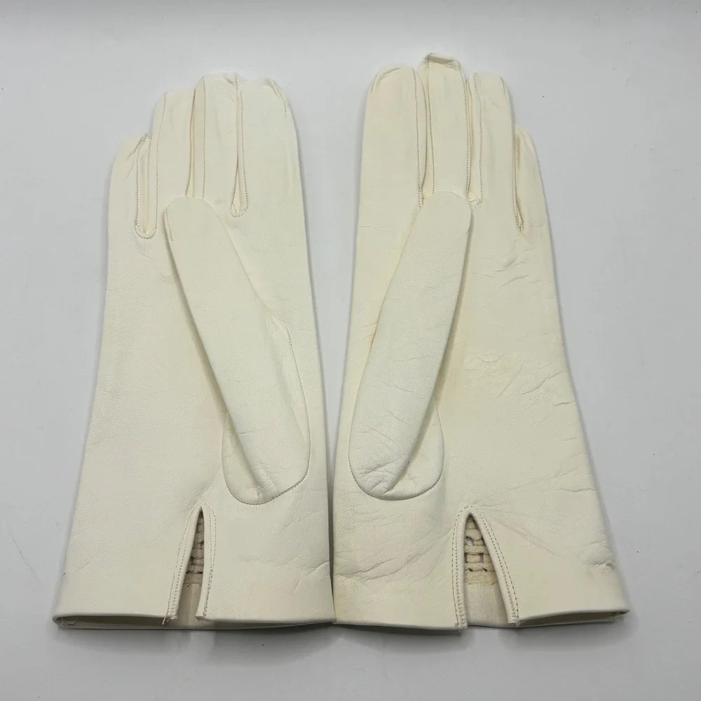 Vintage Cream Kid‎ Leather Gloves Lattice Cutout Cuff Mid Century White Ivory